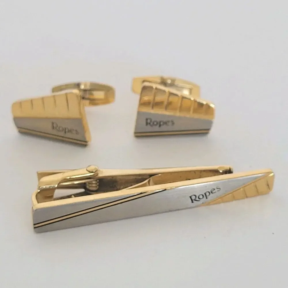Ropes Tie Bar Clip Cufflinks Set Gold Silver Two Tone Logo Geometric Whale Retro